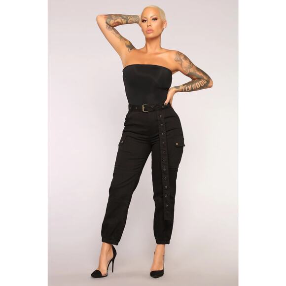 Fashion Nova Black Cargo Chic Pants M | Belted Utility Streetwear Joggers - Picture 1 of 5